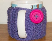 Handmade Crocheted PURPLE Coffee Cup Mug Cozy with Whimsical Button, handmade, will customize