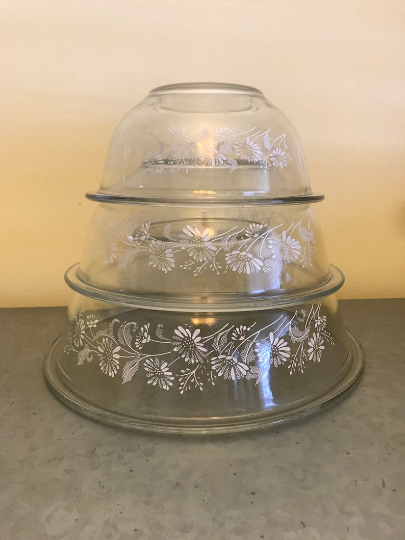 Pyrex Set of 3 Colonial Mist White on Clear Nesting Mixing Bowls ~ Pyrex Mixing Bowls ~ 1980 Pyrex