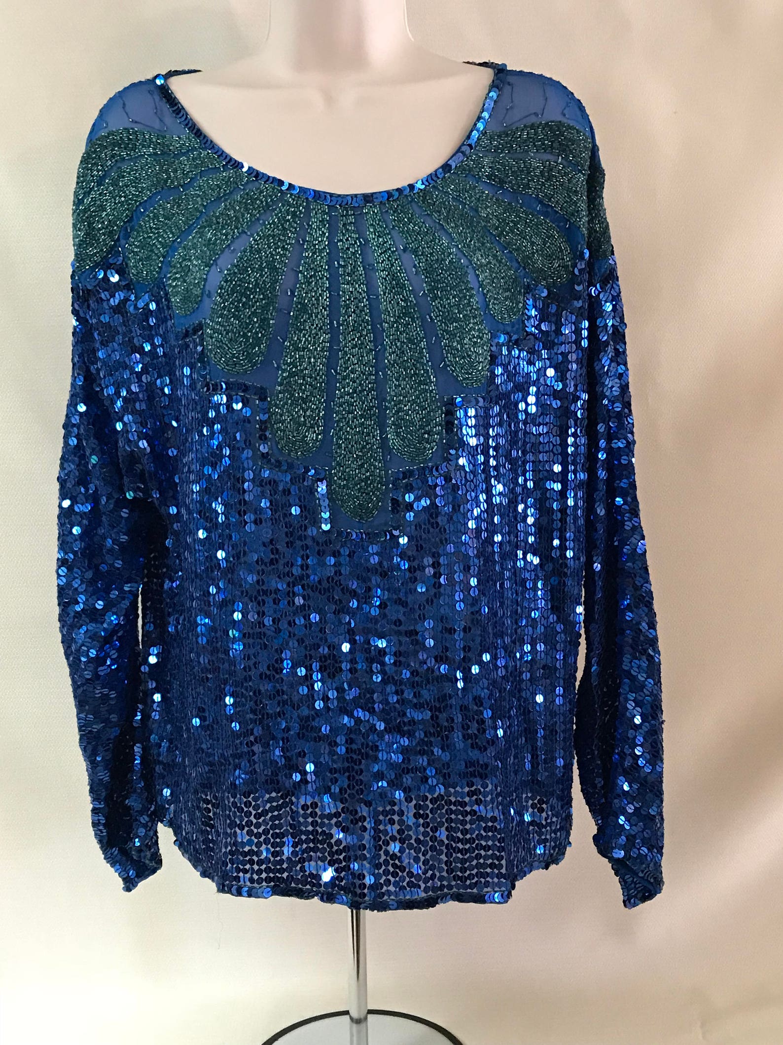Women's Sheer Sequin Blouse Top Tunic With Peacock Blue | Etsy