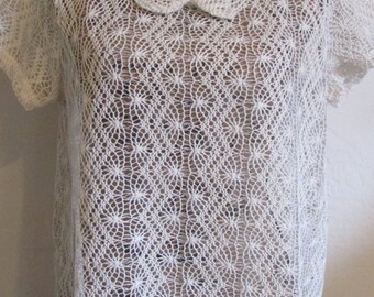 Beautiful Ivory Cream Crocheted Crochet Mesh Blouse Top **Free USA Shipping**