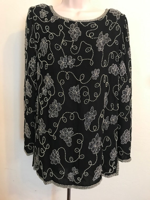 Women's Black Sequin Beaded Blouse Top Tunic ~ Bla
