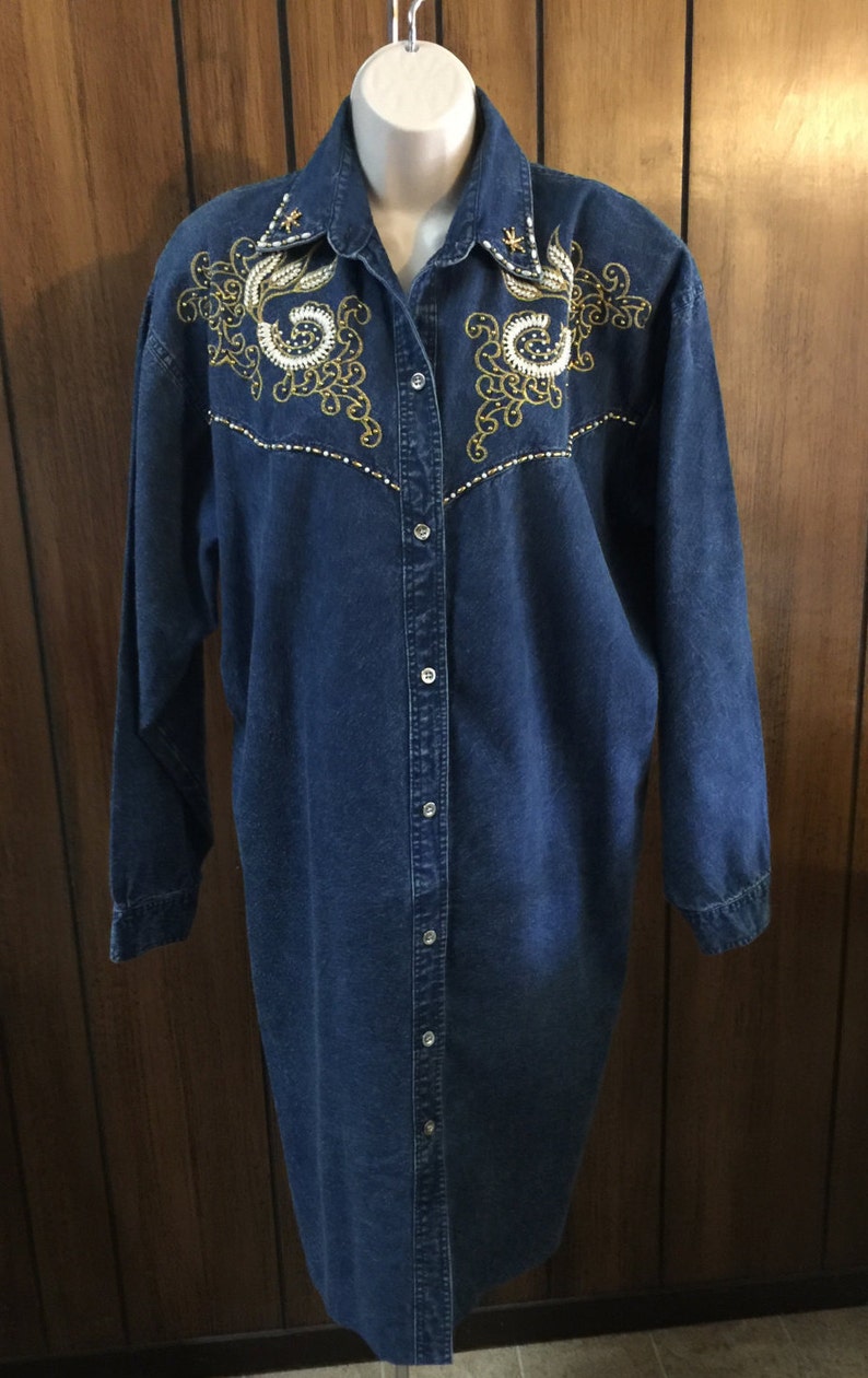 1980's Beaded Denim Shirt Dress Padded Shoulder Great | Etsy