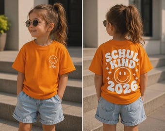Camiseta personalizada para o primeiro dia de aula de 2026 – Camiseta infantil com nome – Camiseta infantil com carinha sorridente