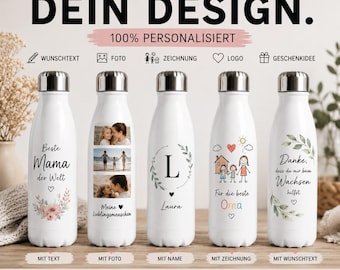 Personalisierte Trinkflasche mit Wunschdesign – Edelstahl Thermoflasche mit Name, Foto oder Wunschtext – Individuelles Geschenk