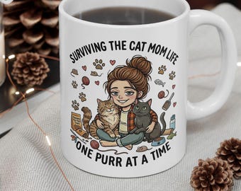 Cat Mom Life Mug | Ceramic Coffee Cup, Playful Illustration Drinkware