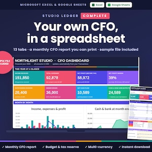 May include: A digital spreadsheet template for Microsoft Excel and Google Sheets titled Studio Ledger Complete. The interface displays a CFO dashboard with financial metrics, bar charts, and line graphs, including a sample file and 13 tabs.