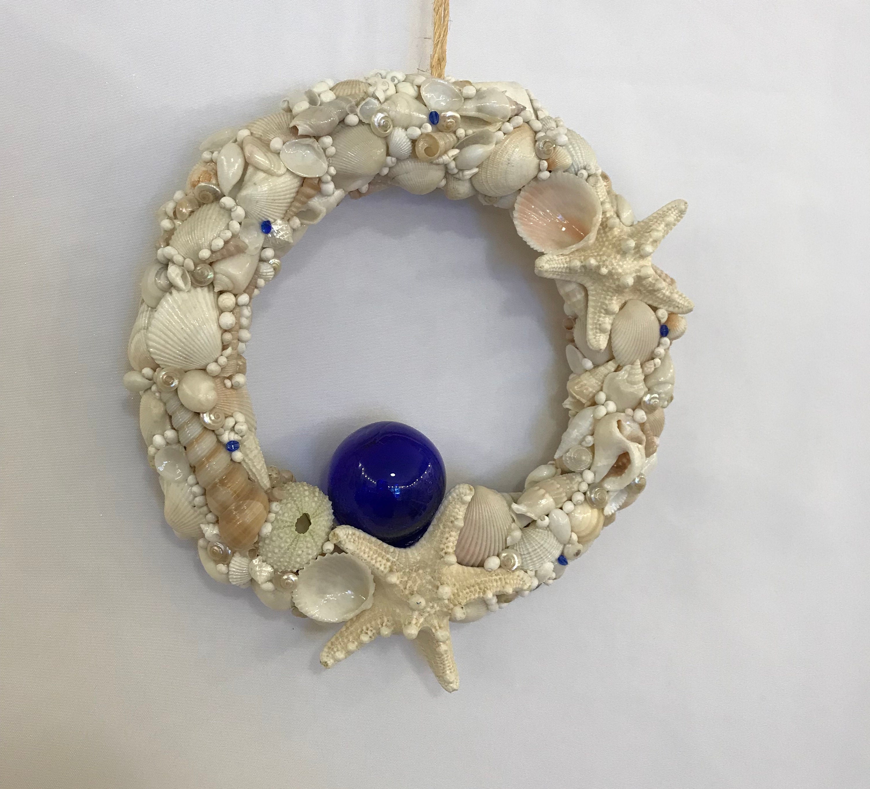 Seashell & Starfish Wreath with Cobalt Blue Glass Float | Etsy