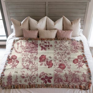 Vintage Floral Patchwork Blanket, Cottagecore Throw Blanket, Shabby Chic Pink Floral Woven Blanket, Farmhouse Decor, Cozy Gift for Her