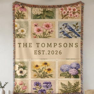 Personalized Floral Woven Blanket, Custom Family Name Throw Blanket, Botanical Vintage Quilt Style Gift, Wedding Gift, gifted woven blanket