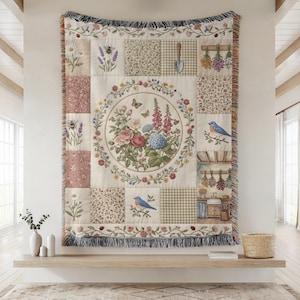 Floral Bird Patchwork Woven Blanket Woven Throw Blanket with Floral Patterns, Boho Cottagecore Decorative Floral Tapestry Blanket for Sofa