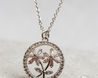 Dainty Silver Tone Flower Circle Pendant • Pink & Clear Rhinestones • Adjustable 21.5" Necklace • Mode