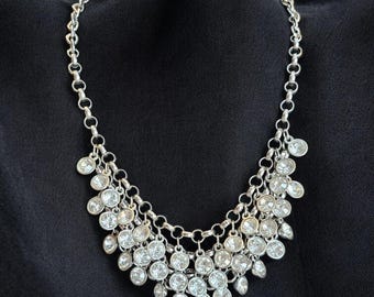 Vintage Silver Tone Glass Stone Cascading Bib Necklace • Statement Dangle Jewelry