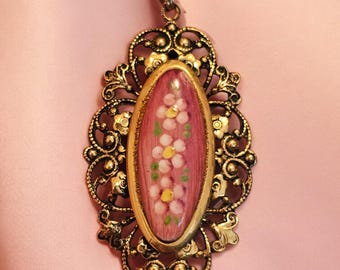 Vintage Hand-Painted Floral Cameo Pendant | Hues of Mauve, Cream, Green, and Yellow | Gold Tone Filigree | 2.5" x 1.5" | Unsigned