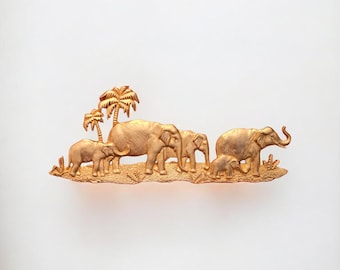 Signed JJ Gold Tone Elephant Family Brooch – 4.5" x 1.75" Vintage Wildlife Scene