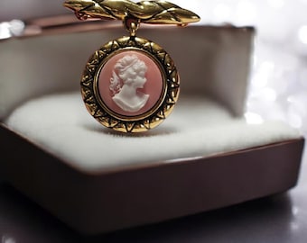 Vintage Cameo Brooch | Gold Tone Bar Brooch with Pink Cameo Pendant | Modern Vintage Resin Cameo | Classic Feminine Jewelry