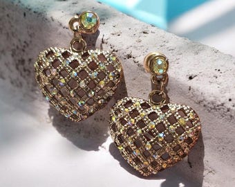 Unsigned Vintage Silver Tone Heart Dangle Earrings with Aurora Borealis Stones