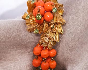 1940s Faux Coral Rhinestone Brooch – Vintage Miriam Haskell Style