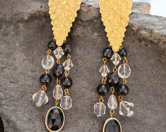 Signed Tara Vintage Clip-On Dangle Earrings | Gold Tone Filigree with Black and Clear Beads