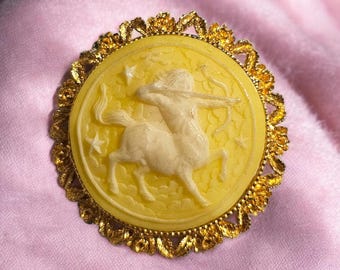 Vintage Sagittarius Zodiac Brooch — 1970s–1980s Gold Tone Cameo | Astrology Centaur Archer | “V” Marked