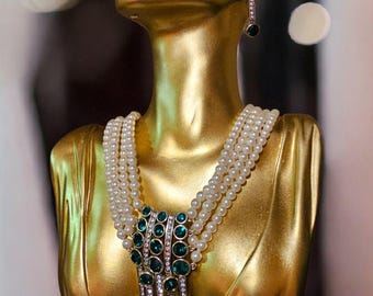 Vintage Heidi Daus Emerald Crystal Pearl Jewelry Set | Signed Art Deco Necklace, Earrings & Ring