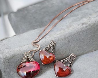 Sterling Silver Rubellite Heart Pendant Necklace & Earrings Set | Marcasite Halo