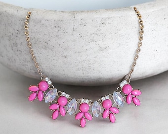 Signed ETC! Gold Tone Bib Necklace • Pink Clear Acrylic Stones, Chunky Collar