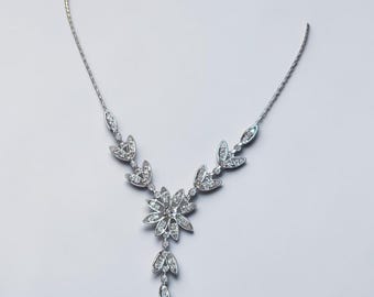 Silver Tone Rhinestone Flower Drop Necklace • Modern Vintage Floral Dangle Necklace • Adjustable 18" Statement Necklace