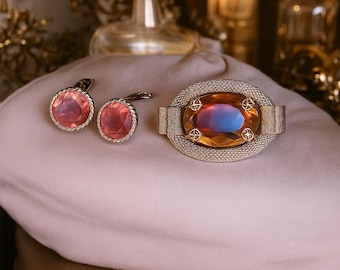Vintage Weiss Amber Topaz Brooch and Earrings Set, 1950s Demi Parure
