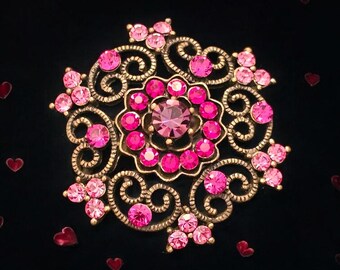 Vintage Ornate Filigree Brooch – Brass-Tone Scrollwork | Vintage Ornate Brooch with Pink, Purple, and Red Rhinestones – 1.75" x 1.6"