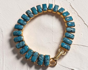 Vintage Turquoise Faceted Stone Bracelet • Gold Tone Link Statement Jewelry Size 6.5