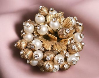 Vintage Alice Caviness Signed Brooch | 1.5" Floral Cluster | Gold Tone with Faux Pearls & Rhinestones