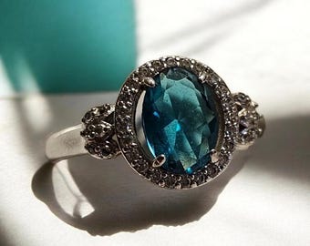 Vintage Style Aquamarine Halo Ring | Size 10 | Silver Tone | Rhinestone Statement Ring