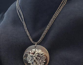 Handmade Vintage Triple Strand 18.5" Black Glass Bead Necklace with Etched Mother of Pearl Pendant | Floral Design |Pendant 2.4" x 2.4"