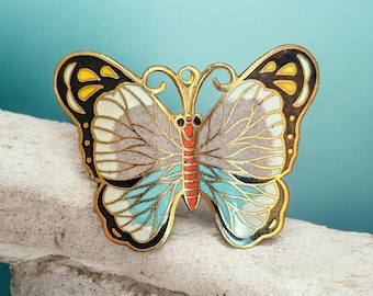 Vintage Enamel Cloisonné Butterfly Brooch | Pin | Pendant | Gold Tone | 1.5" x 2"