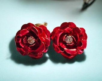Signed Joan Rivers Vintage Red Rose Clip-On Earrings • Rhinestone Floral Jewelry