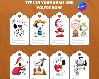 Snoopy Christmas Gift Tags, Peanuts Holiday Labels Editable Canva, Instant Download