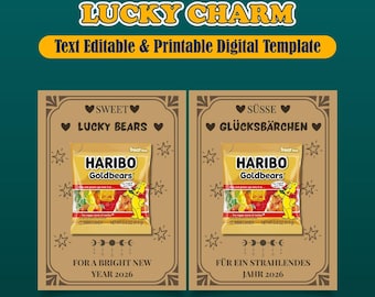 Printable New Year’s Eve Lucky Charm Card, New Year Good Luck Favor, Editable Canva Template, Instant Download