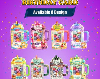 Tumbler Happy Birthday Cards for Kids, Printable Candy Holder Birthday Card, Editable Canva Party Favor Template, Instant Download
