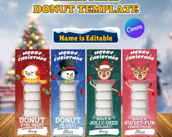 Reindeer Snowman Donut Cards | Christmas Treat Card, Canva Editable (Printable PDF)