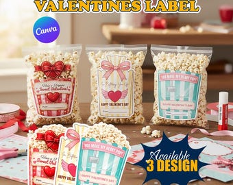 Printable Popcorn Valentine Labels, Kids Classroom Treat Cards, Editable Poppin Stickers, Instant Download