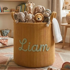 May include: A mustard yellow corduroy storage basket filled with plush animal toys. The basket has the name "Liam" in light green script. The room features a rug, wooden shelves with books and decor, and a lamp.