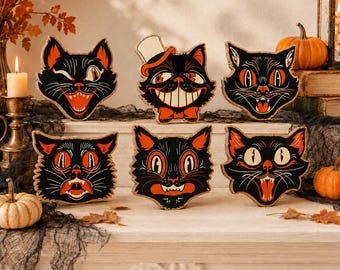 Vintage Black Cat Wooden Shelf Decor Halloween Mantel Accent Retro Farmhouse Tabletop Display Set