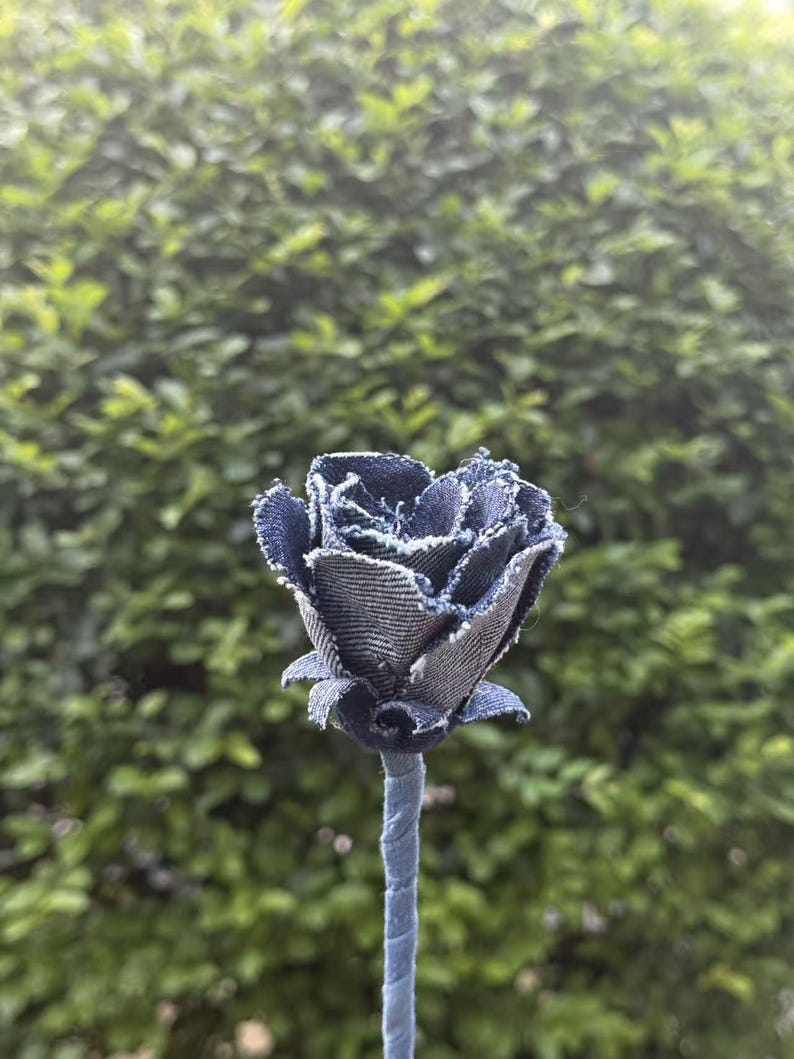 Pode incluir: Uma rosa de ganga artesanal com caule e p&eacute;talas azuis. As p&eacute;talas da flor s&atilde;o feitas de tecido de ganga azul escuro com bordas desfiadas, dando-lhe uma apar&ecirc;ncia r&uacute;stica. O caule &eacute; de uma cor azul correspondente. O fundo &eacute; uma folhagem verde desfocada.