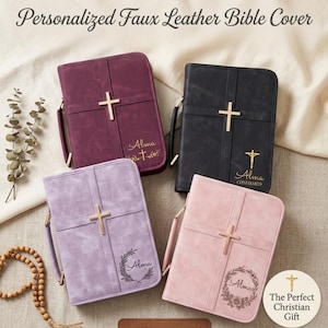Copertina per Bibbia personalizzata in similpelle con cerniera e croce in metallo, ideale come regalo per la Cresima cristiana.