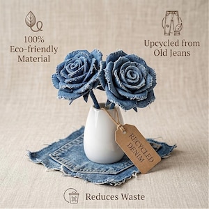 Pode incluir: Duas rosas de ganga azul num vaso branco, colocadas num quadrado de ganga. As rosas s&atilde;o feitas de ganga reciclada, com uma etiqueta "Recycled Denim". A imagem tamb&eacute;m inclui o texto: "100% Eco-friendly Material" e "Reduces Waste".