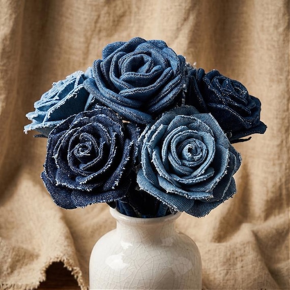 Handmade Upcycled Blue Denim Roses Bouquet Recycled Jeans Fabric Flower Arrangement Rustic Home Decor