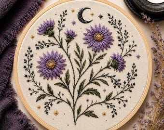Asterbroderimönster | Gotisk blommig stick & stitch-överföring | Häxig vildblommig broderidesign | Himmelskt botaniskt mönster |