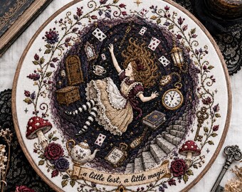 May include: A circular embroidery hoop featuring a detailed scene of a girl falling through a dark tunnel surrounded by floating playing cards, a pocket watch, a teapot, and a bottle labeled DRINK ME, with the text a little lost, a little magic.