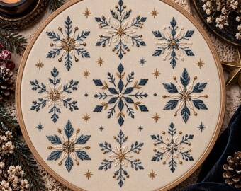 Snowflake Stick & Stitch Hand Embroidery Transfer | Winter Snowflake Sampler | Winter Embroidery Design