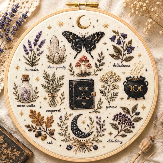 Autumn Witch Garden Embroidery Pattern | Cottage Witch Stick and Stitch | Apothecary Botanical Embroidery Transfer